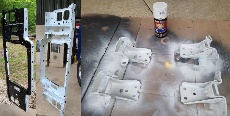This new core support was primed, so I washed it & painted the back side with the truck's original color. The front is flat black, like I always do, so it's less-visible through the grill.

While changing the core support, I'm also replacing the worn hinges with these that I've repaired & I'm pre-painting.