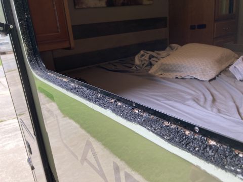 2015 Ford F-550 - The window seal on this RV appears to be deteriorated, exposing the interior and insulation.