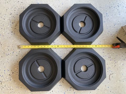 2015 Ford F-550 - Four RV leveling blocks are shown with a tape measure to indicate their size.