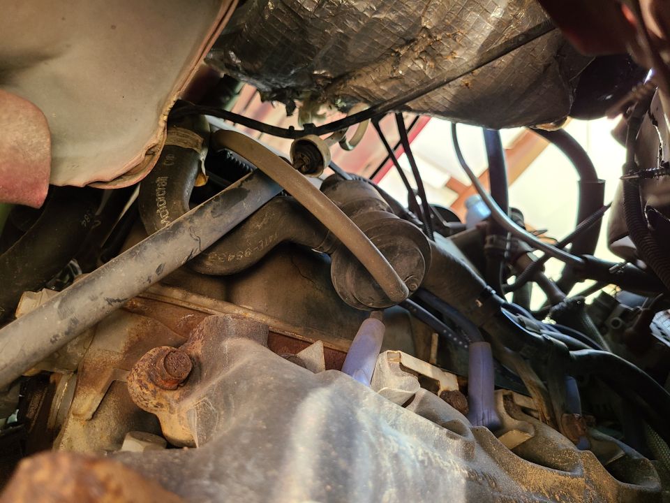 Engine bay with hoses, wiring, and spark plug wires visible. Part number E836-31N is visible on a hose