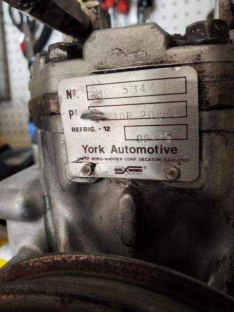 1996 Ford Bronco - This York Automotive compressor tag indicates a manufacturing date of August 1979.