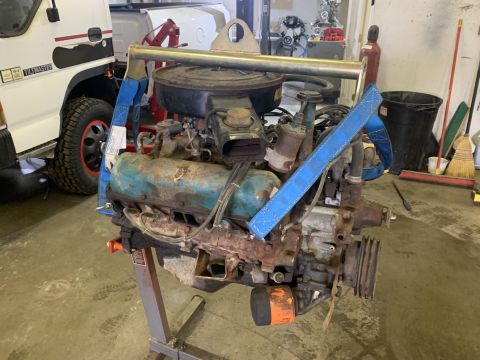 1979 Jeep CJ5 - Engine removed from vehicle and mounted on a stand for service.