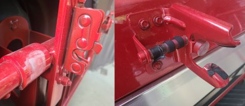 1995 Ford Bronco - The swingaway latch & strike were painted. The tape on the strike sleeve appears to be holding a crack together. Replacement strike sleeves…