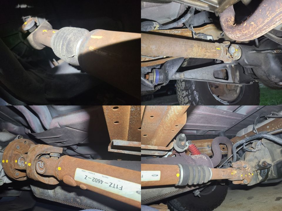 Close-up views of vehicle driveshafts and U-joints, some with yellow markings and a part number label