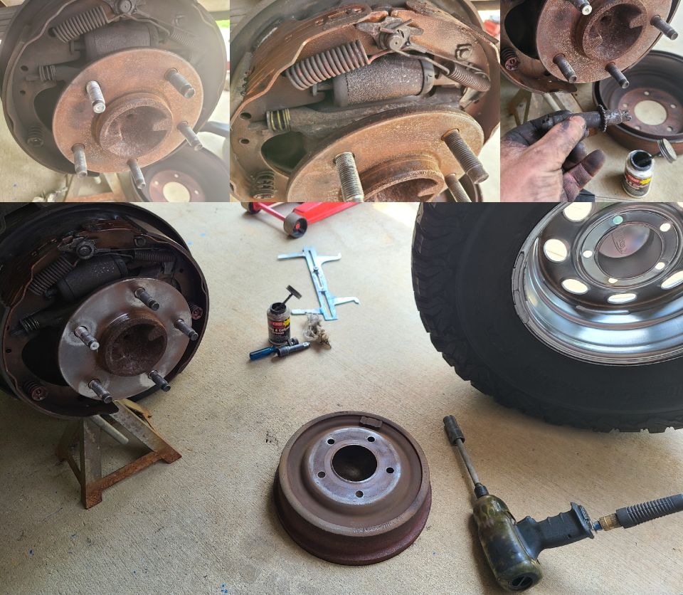 Car brake drum and assembly with tools including a caliper and impact wrench. Supermotors logo visible