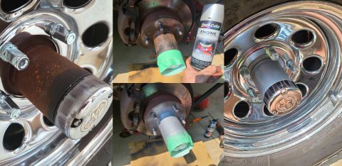1995 Ford Bronco - Since the front wheels apparently didn't come with 4WD center sleeves, the hub snouts have now been painted. IF THE IMAGE IS TOO SMALL, cli…