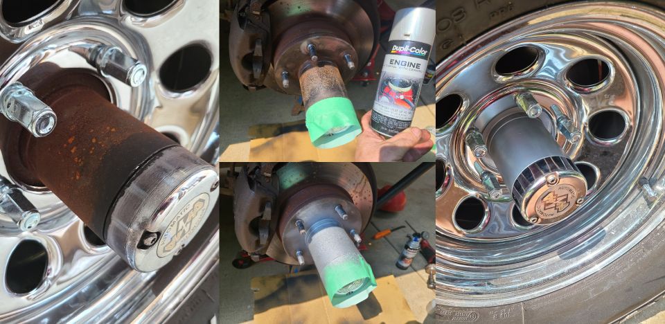 Since the front wheels apparently didn't come with 4WD center sleeves, the hub snouts have now been painted.
IF THE IMAGE IS TOO SMALL, click it.

Clean & paint front hub snouts $20 (done)