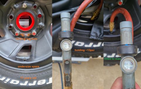 1995 Ford Bronco - The 17-year-old spare tire is smaller than the road tires, and doesn't appear to hold air. It's now at its maximum pressure (55psi). So are…