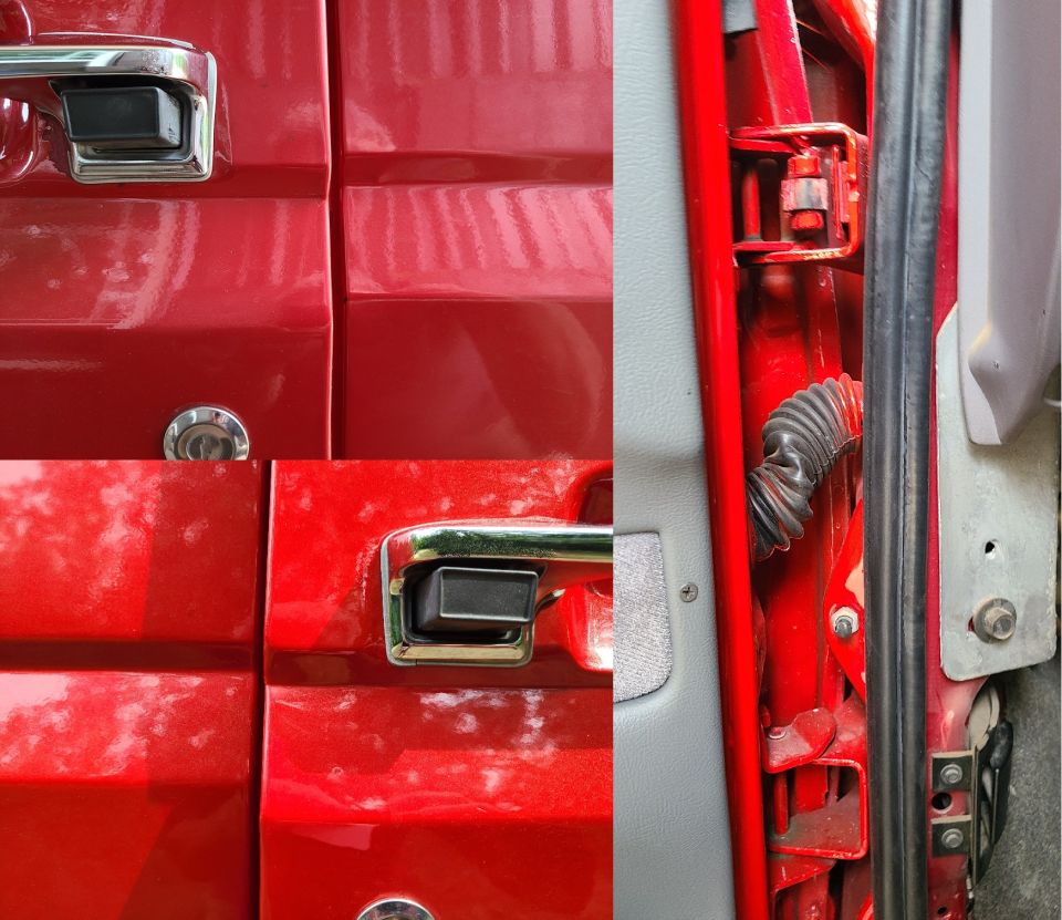 Close-up of red vehicle door exterior handles and interior door jamb with visible hinges and wiring conduit