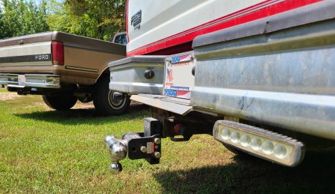 1997 Ford F-250 - To make trailer connection & any reversing at night easier, 18W LED floods are bolted into the factory holes in the rear bumper, and wired…