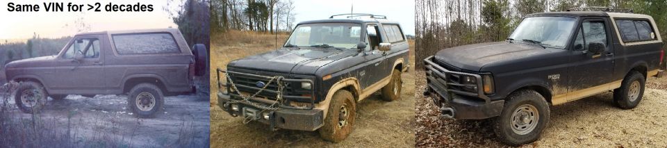 My '83 Bronco started off as a Custom (lowest trim level). After I rolled it, I rebuilt it as an Eddie Bauer, but with many newer interior parts. When the body & frame started coming apart at the seams (literally), I rebuilt it using the frame & body of a '93, but with the previous engine/trans/axles/camper/seats...
IF THE IMAGE IS TOO SMALL, click it.

The first 2 phases are explained in [url=https://www.supermotors.net/registry/2742/11272-4]this photo album[/url]; the 3rd in [url=https://www.supermotors.net/registry/2742/84654-4]this one[/url].