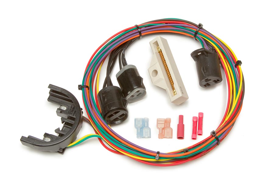 Wiring harness kit with multiple colored wires, connectors, and a black plastic bracket