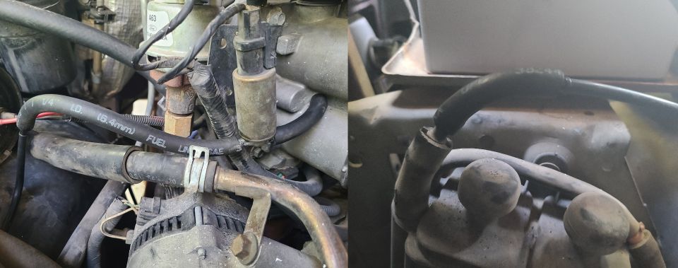 Close-up of engine bay showing fuel lines, hoses, and electrical connectors