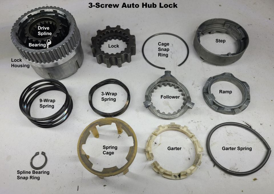 Disassembled 3-Screw Auto Hub Lock components including lock housing, lock, springs, follower, and cage
