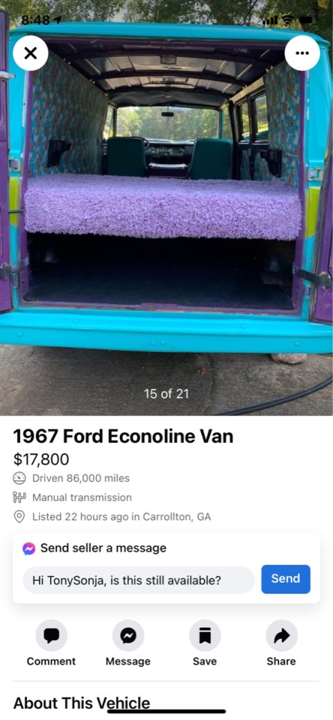 2008 Ford Focus - The interior of a 1967 Ford Econoline Van, customized with a purple shag carpet bed and blue seats.
