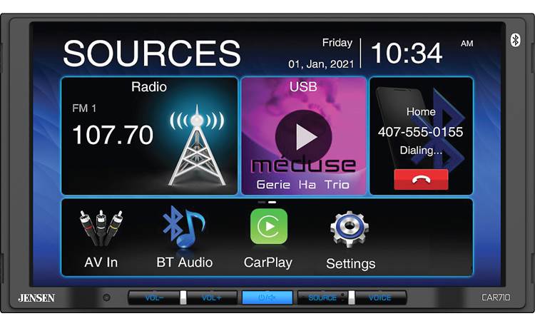 Jensen car stereo screen showing sources: Radio, USB, Home, AV In, BT Audio, CarPlay, Settings