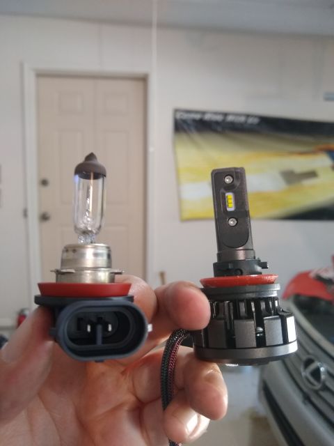 2008 Lexus LX 470 - Comparison of a traditional halogen headlight bulb next to a modern LED bulb.