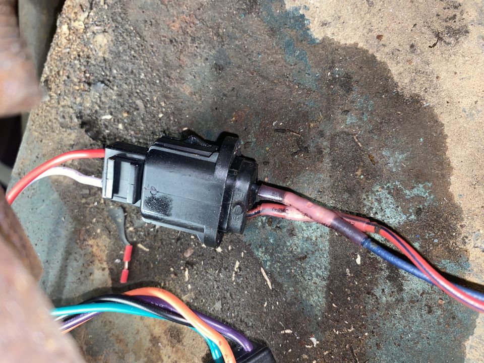 close-up of a black electrical connector with red, white, blue, and other colored wires attached, some with crimp connectors