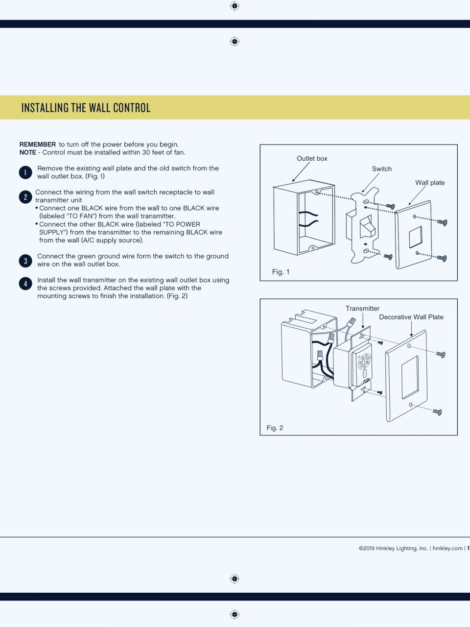 Hinkley Lighting ceiling fan wall control transmitter wiring installation instructions