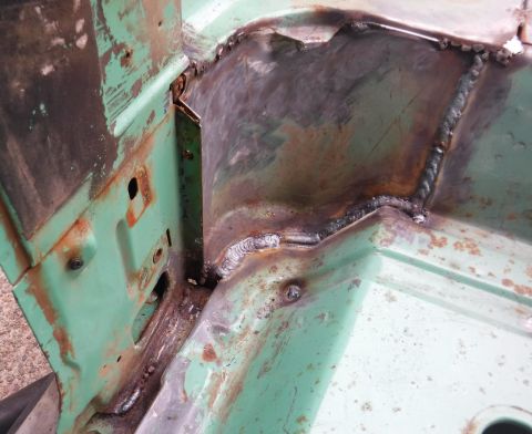 1992 Ford Bronco - Passenger rear footwell seams mostly completed. (The horizontal seam at bed level has proven challenging, with how much gap and inaccessibl…