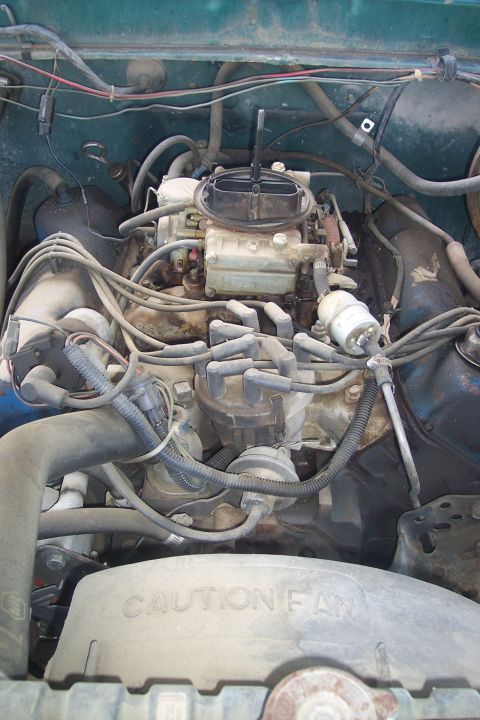 1977 Ford F-150 - Close-up of a vehicle's engine bay, showing the carburetor and distributor assembly.