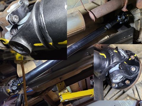 1997 Ford F-250 - Both driveshafts got sandblasted & painted, and the mounting surfaces at each end got cleaned & painted. The driveshaft alignment marks are…