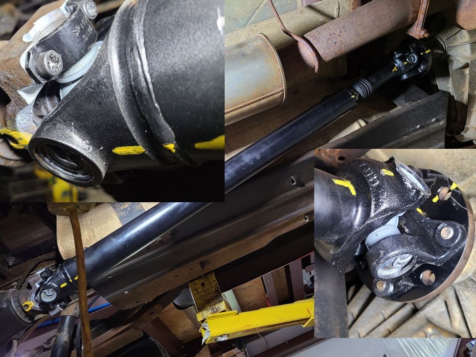Both driveshafts got sandblasted & painted, and the mounting surfaces at each end got cleaned & painted. The driveshaft alignment marks are both stamped & painted yellow.
IF THE IMAGE IS TOO SMALL, click it.

The rear driveshaft takes [url=https://www.amazon.com/dp/B00DOIAP1O]Spicer Life series 5-1350X sealed u-joints[/url] at both positions. [url=https://www.amazon.com/dp/B000CKN6Z4]Spicer 3-70-28X Bearing Strap Kit[/url] was not needed at this time.