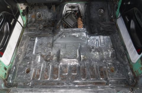 1992 Ford Bronco - Floor pan nearly done with prep. Got the last few stubborn bits of paint out of their nooks and crannies, wiped down twice with damp sponge…