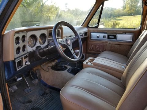 1969 Pontiac Firebird - The interior of a truck shows a tan dashboard, steering wheel, and seats with a floor shifter.