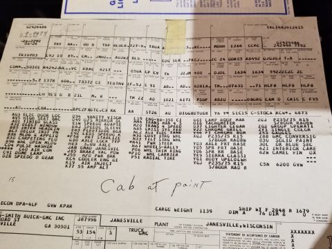 1969 Pontiac Firebird - This document lists various vehicle options and codes, with a handwritten note at the bottom.