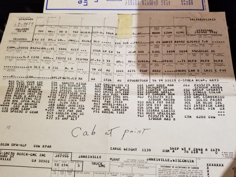 GMC truck factory build sheet with option codes, VIN and Janesville plant data