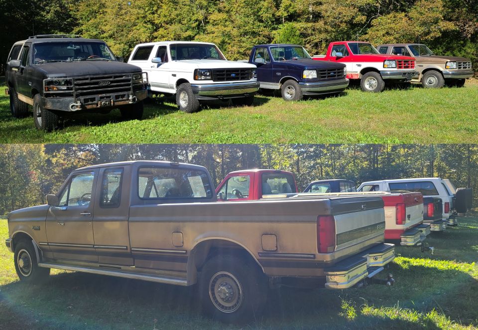 Collage of several Ford trucks and SUVs parked in a grassy field, top and bottom views