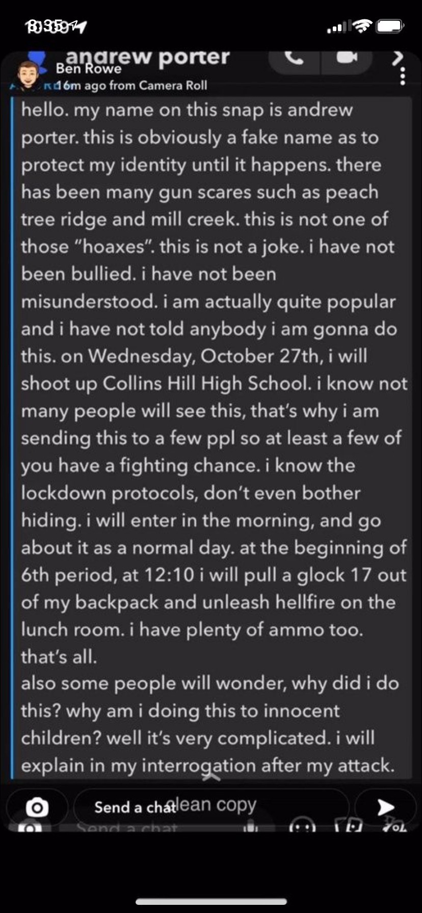 Screenshot of a Snapchat message threatening a school shooting.