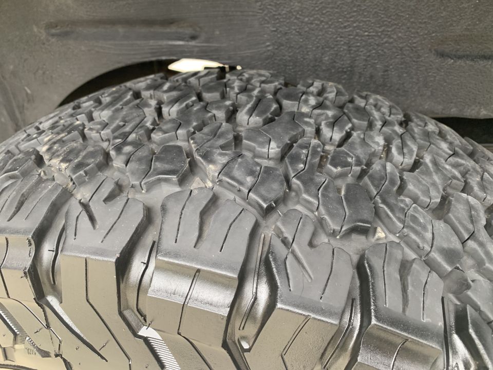 Close-up of a large all-terrain tire tread.