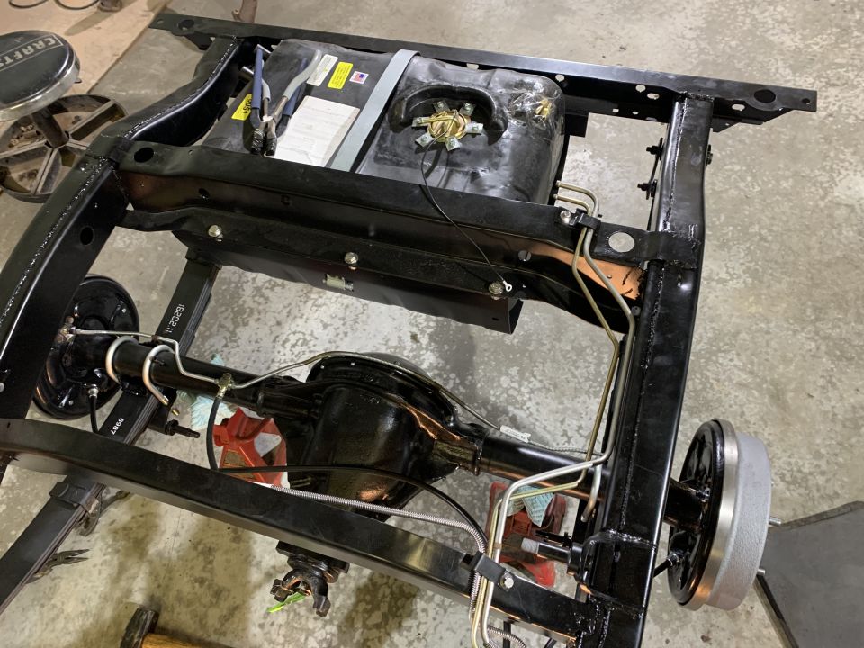 1979 Jeep CJ5 frame with fuel tank and rear axle assembly