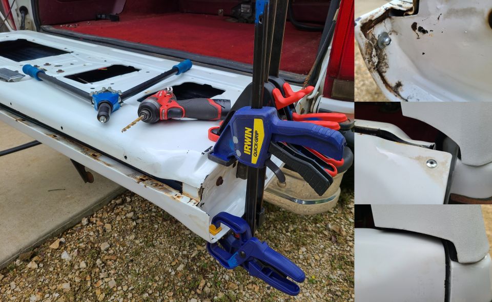 Since this t/g isn't broken yet, I'm just riveting the skins together. After clamping the skins carefully with [url=https://www.amazon.com/dp/B001DSY4QO]Irwin QuickGrips[/url], I drilled a 1/4" hole where it won't be visible when the t/g is closed, but where it's still in the inner (lower) skin enough for strength. Then I popped a rivet that I had already sandblasted so that it will hold matching white paint better.
IF THE IMAGE IS TOO SMALL, click it.