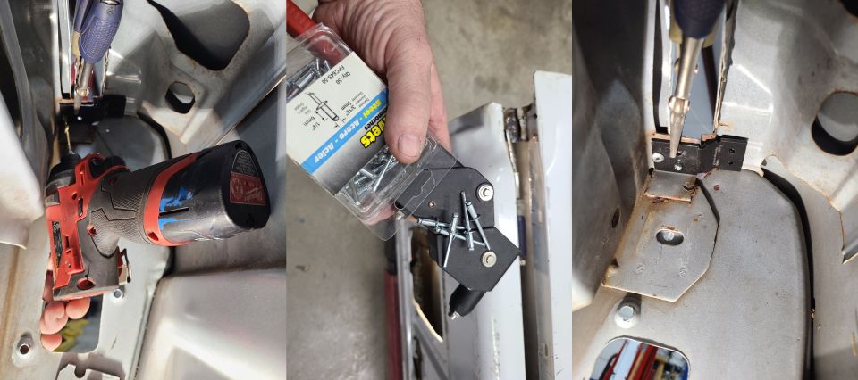 The reinforcement is drilled & riveted to the front (inner) skin's thick corner plate. The front hole is riveted from inside. I chose not to add JBWeld to this side of the plate because I don't think it's necessary.
IF THE IMAGE IS TOO SMALL, click it.

Continue to the NEXT pic...