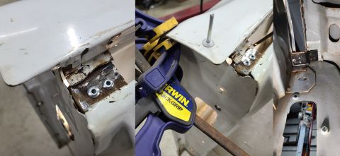 1983 Ford Bronco - Once the reinforcement is secure to the front skin, the exposed rivet is drilled, but NOT set. It & the Irwin QuickGrips are removed to spr…