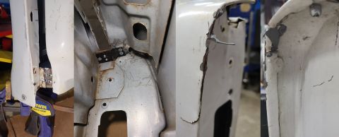 1983 Ford Bronco - With the tailgate standing on-end, the skins are spread to allow the JBWeld to flow in, and then quickly re-clamped and riveted. After curi…