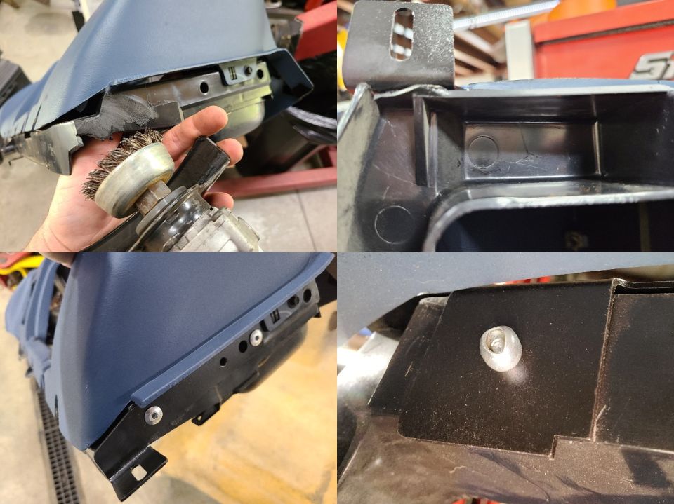 Close-up of a blue plastic car interior component being cleaned with a wire brush on a grinder