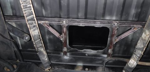 1992 Ford Bronco - Bed/access panel brace bolted in place but not yet welded. I decided the brace needed gussets to be complete. But boy did they make it diff…