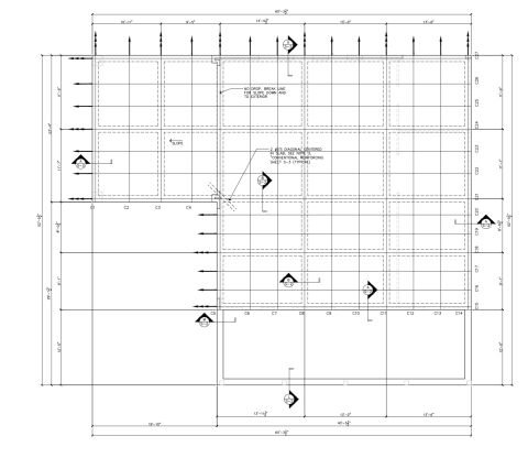 1995 Ford Bronco - Engineering foundation plan with dimensioned column grid, slope notes and concrete reinforcing callouts.
