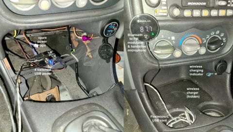 2003 Pontiac Grand Am - 3 of the 4 switched USB power ports are already in-use, by a 3-connector USB power cord, a Bluetooth-to-FM modulator, and the wireless char…