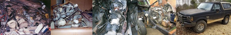 Photo collage of disassembled engines, parts and a black Ford Bronco