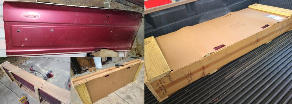 Maroon car door with visible damage, and a long cardboard box with wooden supports in a truck bed