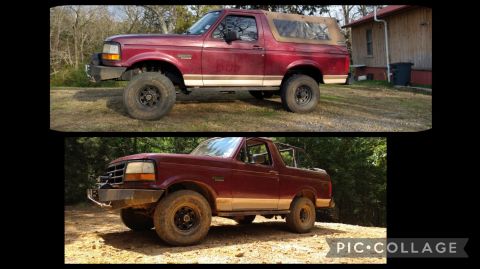 1996 Ford Bronco - Two views of a red 1996 Ford Bronco with a lifted suspension and aftermarket bumper.