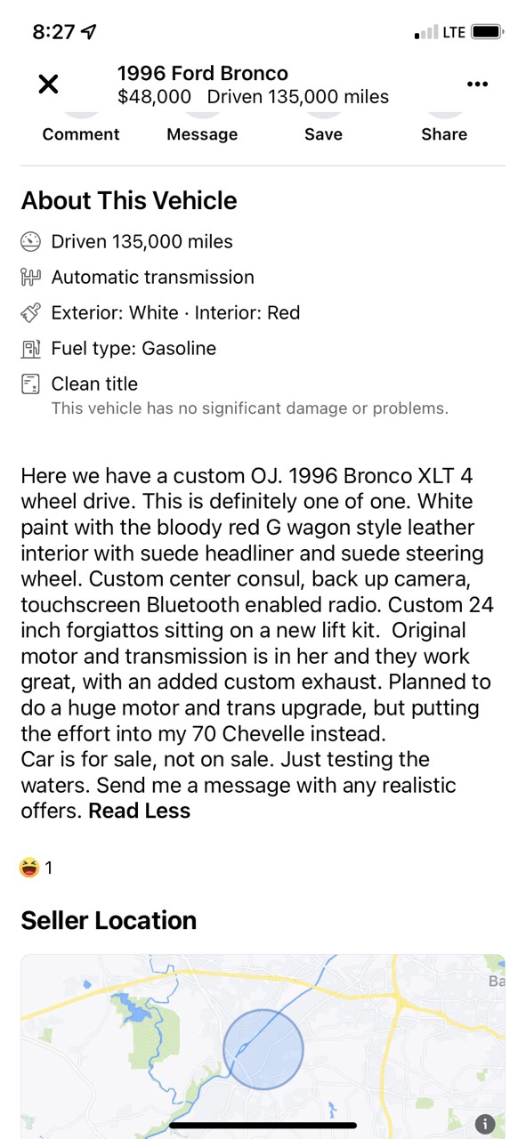 Screenshot of a 1996 Ford Bronco listing on Facebook Marketplace.