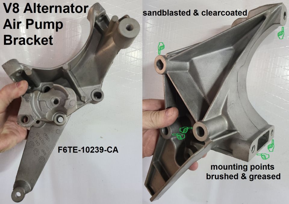 V8 alternator air pump bracket before and after restoration, part F6TE-10239-CA