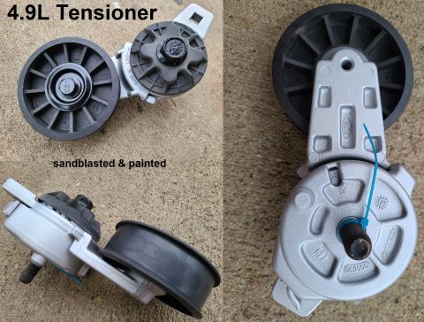 1983 Ford Bronco - 4.9L Tensioner (OE Dayco) F4TE6B209AC IF THE IMAGE IS TOO SMALL, click it. Sandblasted & painted; pulley spins smoothly; tensioner arm move…