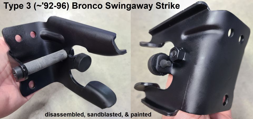 Bronco swingaway strike part, disassembled, sandblasted, and painted. Shows two views